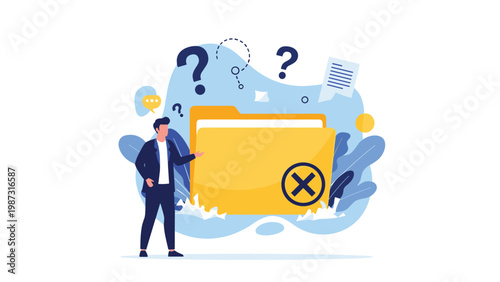 Frustrated man stands beside a large, broken folder with a cross icon, surrounded by floating question marks and crumpled papers, symbolizing data error, loss, or file not found issues.