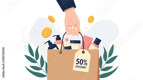 Hand holds a brown shopping bag filled with cosmetic products and a prominent 50% discount tag, surrounded by floating gold coins, symbolizing beauty product sales and savings.