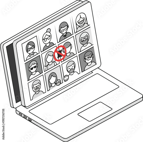 Laptop showing video conference with a prohibited symbol on a user profile, digital censorship and account ban concept illustration