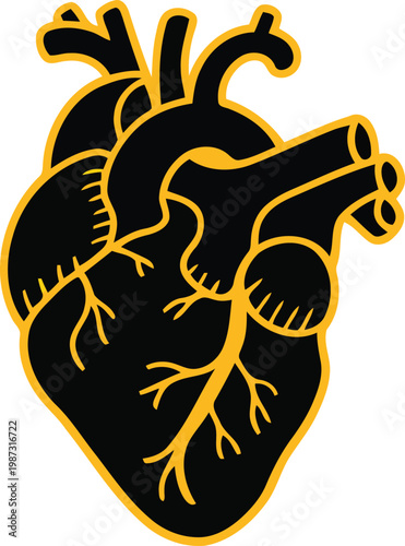Anatomical heart illustration with bold black and gold color scheme
