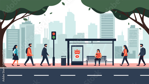 Lively city street scene depicting diverse people walking along a pavement and waiting patiently at a bus stop, with urban buildings and trees in the background.