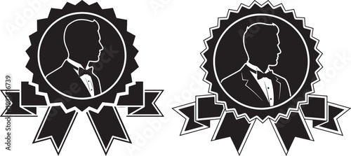 Two silhouette style rosettes with ribbons featuring profile busts of men in formal attire champion achievement recognition silhouette illustration isolated competition certification ceremony
