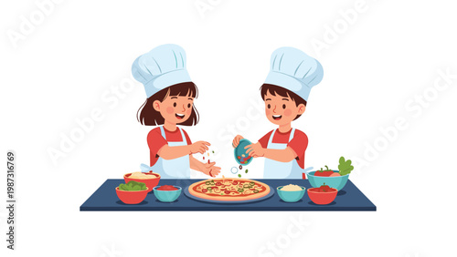 Joyful young boy and girl, dressed as chefs, enthusiastically prepare a delicious pizza by adding colorful toppings, showcasing a fun cooking activity for kids.