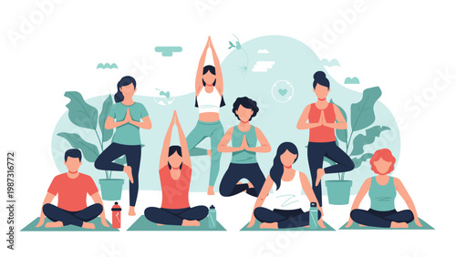 Diverse group of men and women calmly practices various yoga poses and meditation techniques, emphasizing physical wellness, mental peace, and communal harmony.