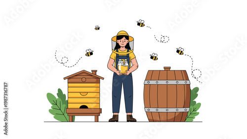 Dedicated female beekeeper, wearing protective gear, proudly holds a jar of golden honey, standing between a traditional beehive and a wooden barrel, with bees buzzing around her.