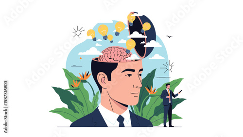 Conceptual illustration of a man's head with an exposed brain, from which numerous bright lightbulbs emerge, symbolizing boundless creativity, innovative ideas, and intellectual breakthroughs.