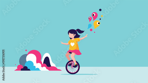 Joyful little girl confidently riding a unicycle, balancing with colorful abstract shapes and splashes, symbolizing creativity, freedom, and playful imagination.