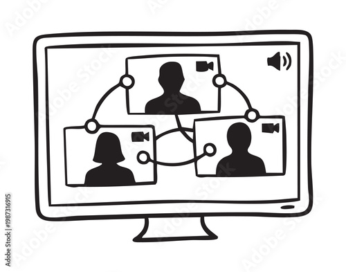 Video conference screen displays three silhouettes. Connected nodes and profile boxes convey remote teamwork and live discussion, monitor shows audio icon and linked lines suggesting networked
