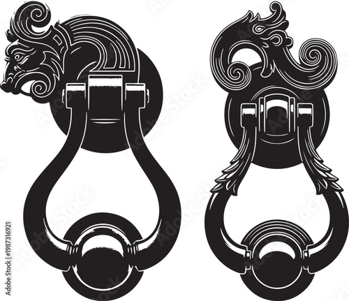 Two black silhouette illustrations of ornate vintage door knockers with decorative elements door knocker black and white decorative illustration silhouette hardware entryway knocking building