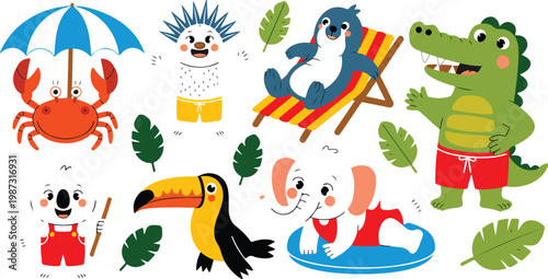 Cute Summer Animal Vector Illustration Set Featuring Cartoon Crab Koala Toucan Elephant Crocodile Seal and Porcupine Characters on Beach Vacation.