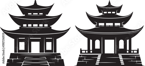 Two black silhouette illustrations of traditional asian pagoda temples with tiered roofs architecture building silhouette illustration traditional historic religious spiritual japanese