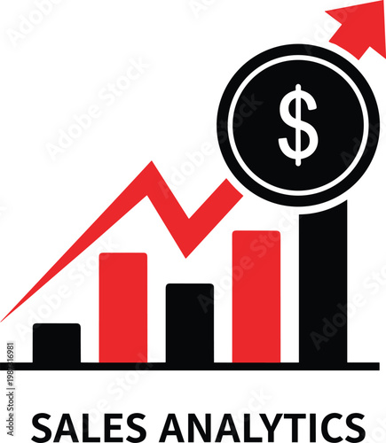 Professional sales analytics icon set for business reports showing financial data growth with red and black bar charts.