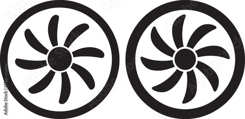 Two black silhouette illustrations of fan blades or propellers in circular frames with propeller illustration silhouette circular mechanical engineering rotation spinning technology equipment