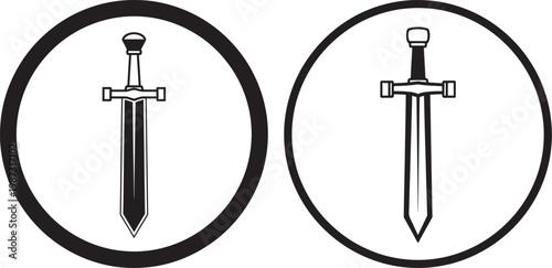 Two black silhouette illustrations of medieval swords within circular frames with medieval illustration silhouette military historical weaponry equipment strength gladiator adventure