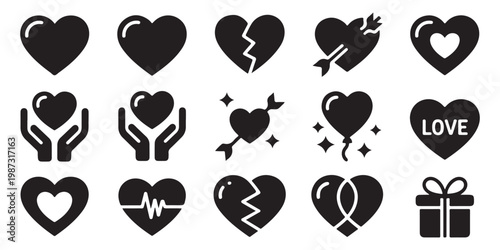 Vector heart icon set with love typography and medical symbols