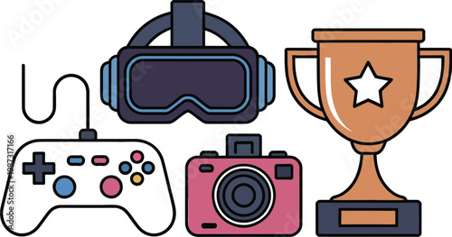 Gaming accessories VR headset controller action camera and trophy editable stock vector icons representing modern gaming equipment esports gear immersive virtual reality technology 