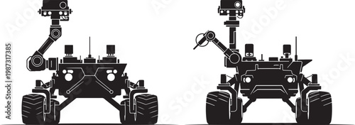 Two robotic rovers with extended arms and antennae on wheels black and white artificial intelligence exploration technology mechanical engineering illustration minimalist multiple transport