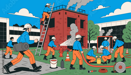 A vector illustration of firefighters in action, extinguishing a fire in a burning building with smoke and flames.