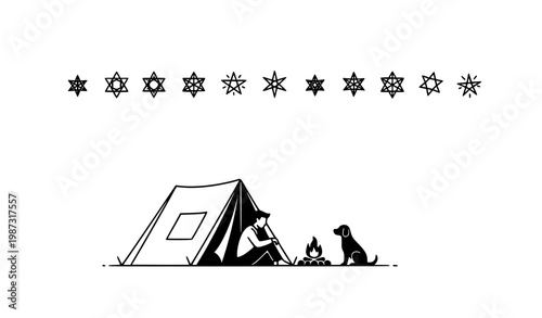 Cozy camping silhouette with man in tent dog and campfire under stars minimalist vector design