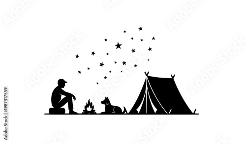 Dynamic camping silhouette scene with man and dog near tent and campfire under stars vector