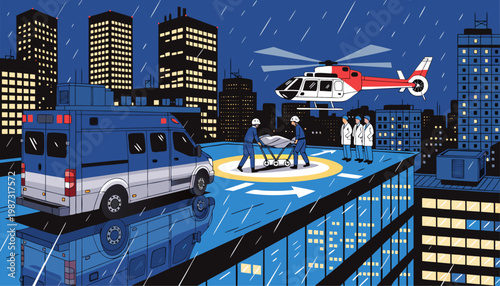 A vector graphic illustration of a nighttime emergency medical scene on a rooftop helipad with a helicopter, ambulance, and medical staff.