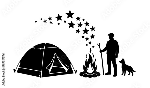 Minimalist camping silhouette with man dog tent and campfire under starry night sky vector illustration
