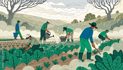 A vibrant illustration of farmers working together in a lush green field on a rainy day