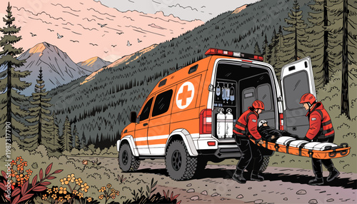 An illustration of emergency responders transporting a patient on a stretcher into an ambulance in a mountainous forest area.