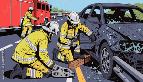 Firefighters in yellow uniforms and white helmets working to rescue people from a crashed car on a highway with a red fire truck in the background
