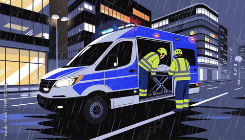 An illustration of emergency responders loading a stretcher into an ambulance at night in the city