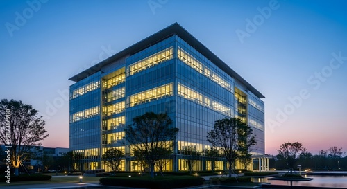 Modern office building illuminated at dusk with striking architectural lighting