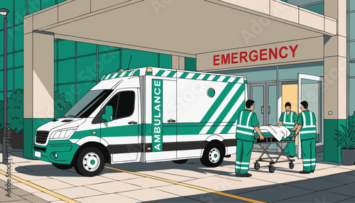 A vector graphic illustration of medical emergency responders transporting a patient on a stretcher into a hospital emergency room