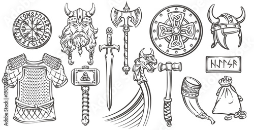 Viking weapons and symbols set with sword, axe, hammer, shield, helmet, armor, runes, horn and dragon prow. Detailed Norse engraving collection in retro monochrome style vector illustration.