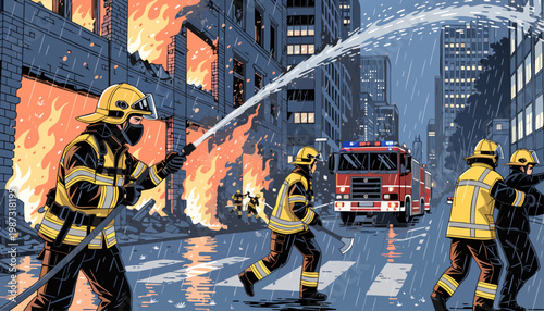 Firefighters battling a raging fire in a city street with a firetruck in the background