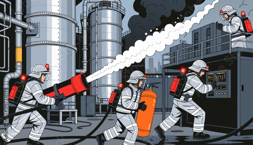 Firefighters in hazmat suits extinguish a fire at an industrial site with a large red firehose