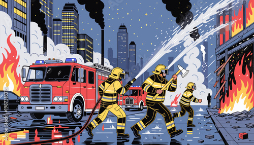 Firefighters battling a blazing city building at night with a fire truck nearby