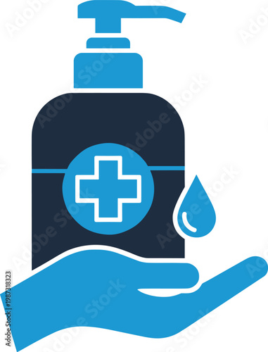 Hand sanitizer bottle with medical cross symbol and liquid drop falling on palm for disinfection vector illustration art.