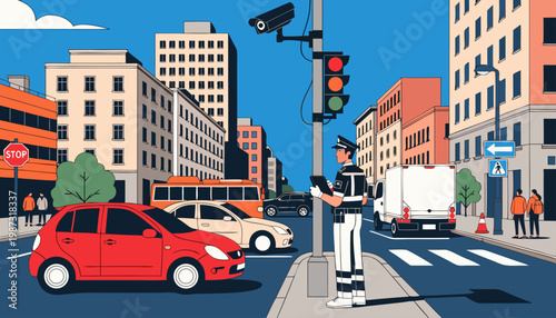 A police officer directing traffic at a busy city intersection with a red car and other vehicles