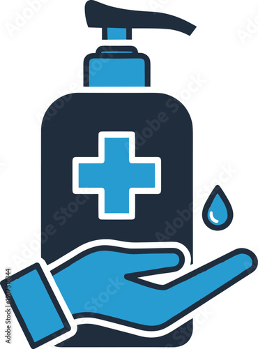 Hand sanitizer bottle with medical cross and liquid drop icon for antibacterial protection and disinfection concept vector.
