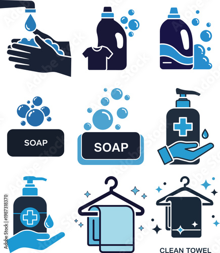 Laundry and hygiene icon collection featuring soap bars detergent bottles hand washing and clean towels vector set design.