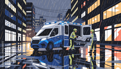 An illustration of two paramedics unloading a stretcher from an ambulance on a rainy city street at night