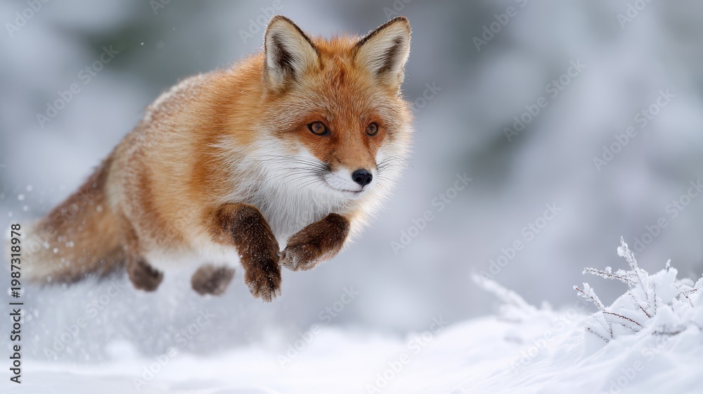 Fototapeta premium A red fox leaps over fresh snow in a forest setting. It is daytime and the trees are partly covered with snow. The fox is in motion, showcasing its agility and speed.