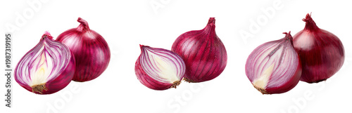 Fresh red onion bulbs and sliced halves showing purple texture isolated on transparent background png.