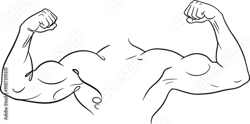 Muscular arm flexing bicep muscle in minimalist line art style for fitness gym and strength concept vector.