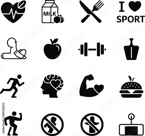 Healthy lifestyle and fitness solid icon set with nutrition sport exercise heart health and wellness symbols representing balanced diet physical activity medical wellness and modern health 