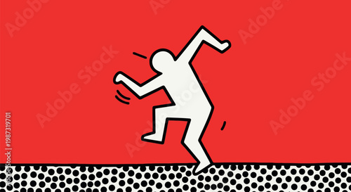 Dynamic illustration of a person running on a dotted surface against a red background