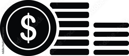 Black flat currency coin icons representing money stacks and finance assets isolated on a transparent background vector.
