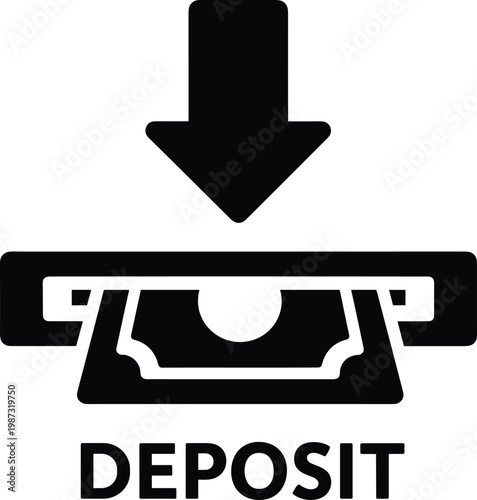 Atm cash deposit icon with arrow pointing down into machine slot for banking transactions and savings account management.