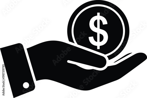 Human hand holding dollar coin symbol for payment and donation concepts in simple black flat vector style illustration.