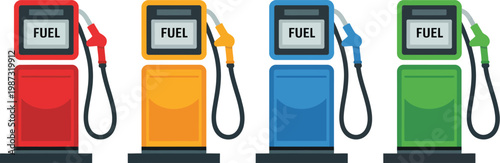 Gas station pump, illustration, vector petrol pump with fuel nozzle representing fuel service energy transportation and automotive industry concept design.